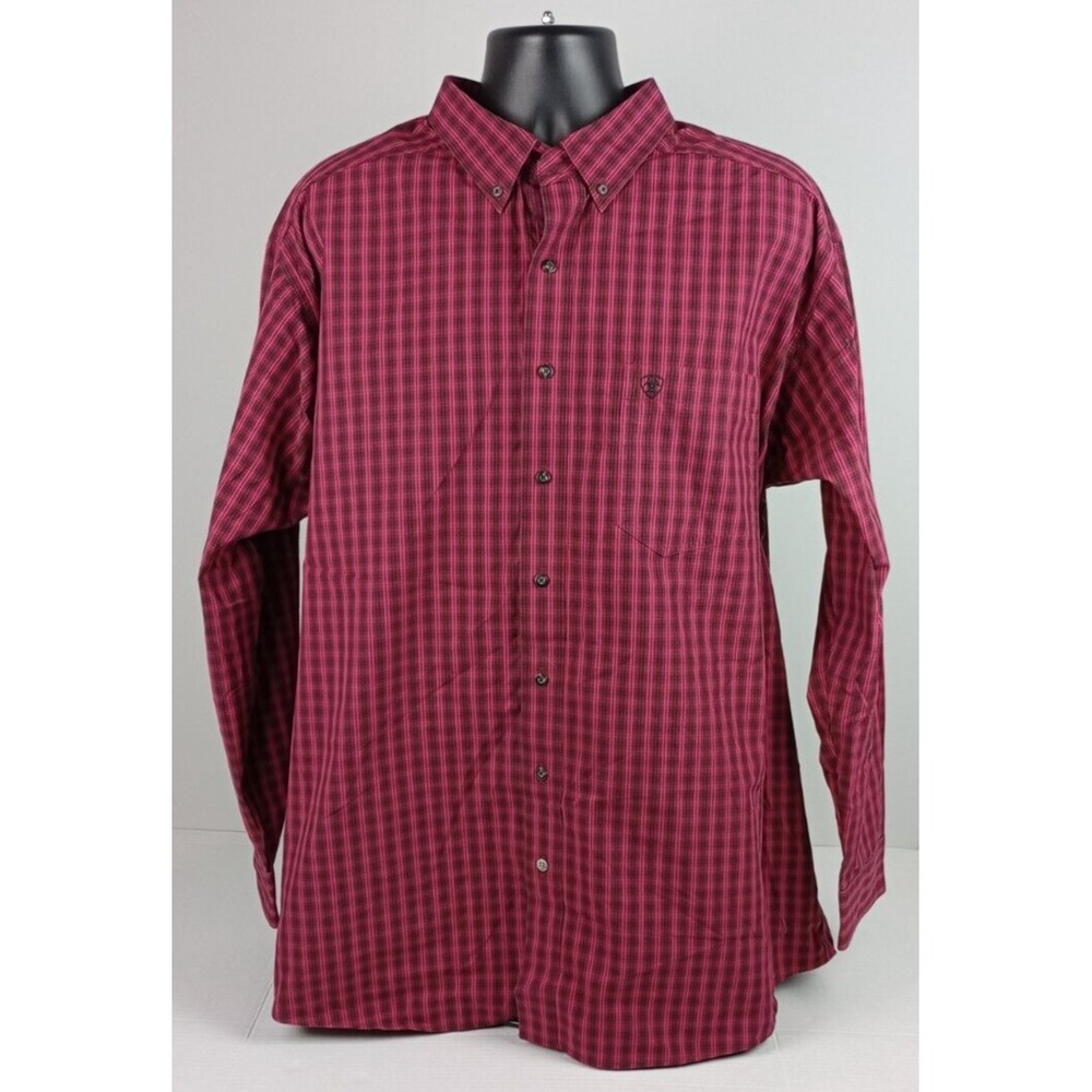Ariat Pro Men's Size 2XL Pink Black Plaid Button Up Long Sleeve Dress Shirt